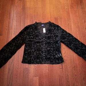 GAP Black sheer velvet Floral Button-Up Blouse